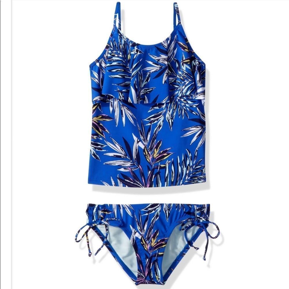 NWT Hobie Blue Two Piece Swimsuit Set Leaf Print Kids Size 8G